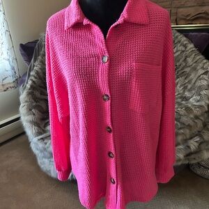 Women's Pink Button-Up Waffle Knit Top